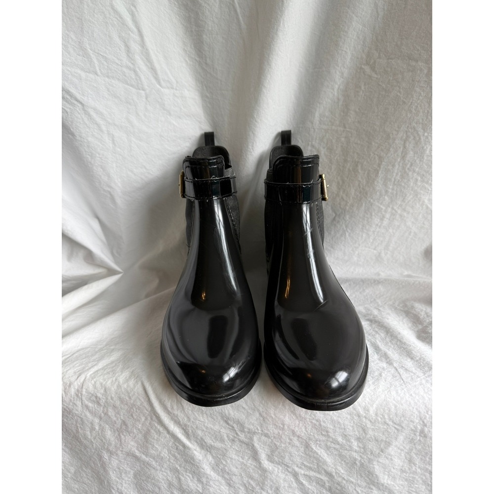 Gioseppo Black Glossy Rubber Ankle Rain Boots Gold Buckle Womens 36‎